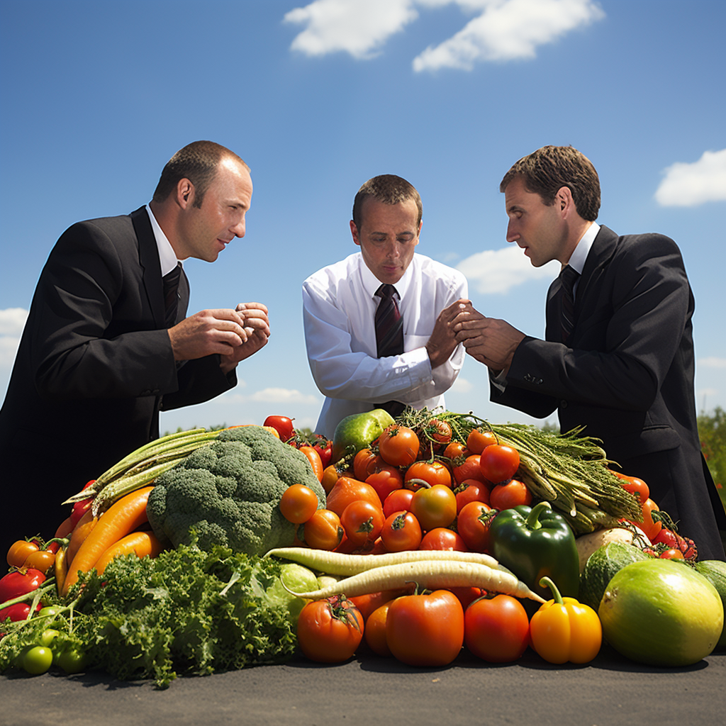 Energy managers discussing outside with vegetables