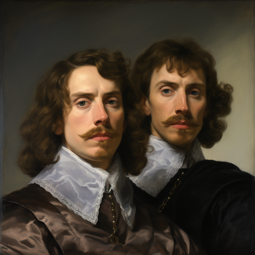 Portrait of two English gentlemen with curly brown hair holding a brown bottle