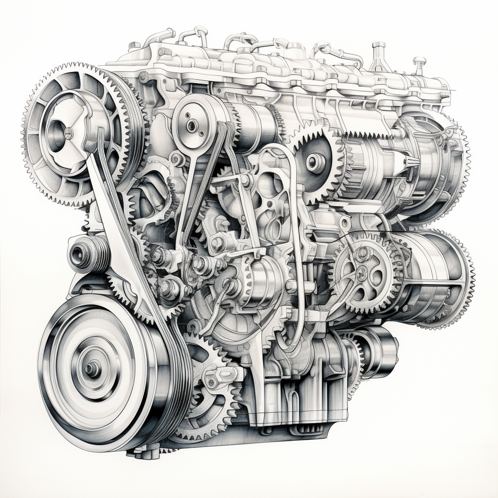 Black and white engine gears and piston drawing