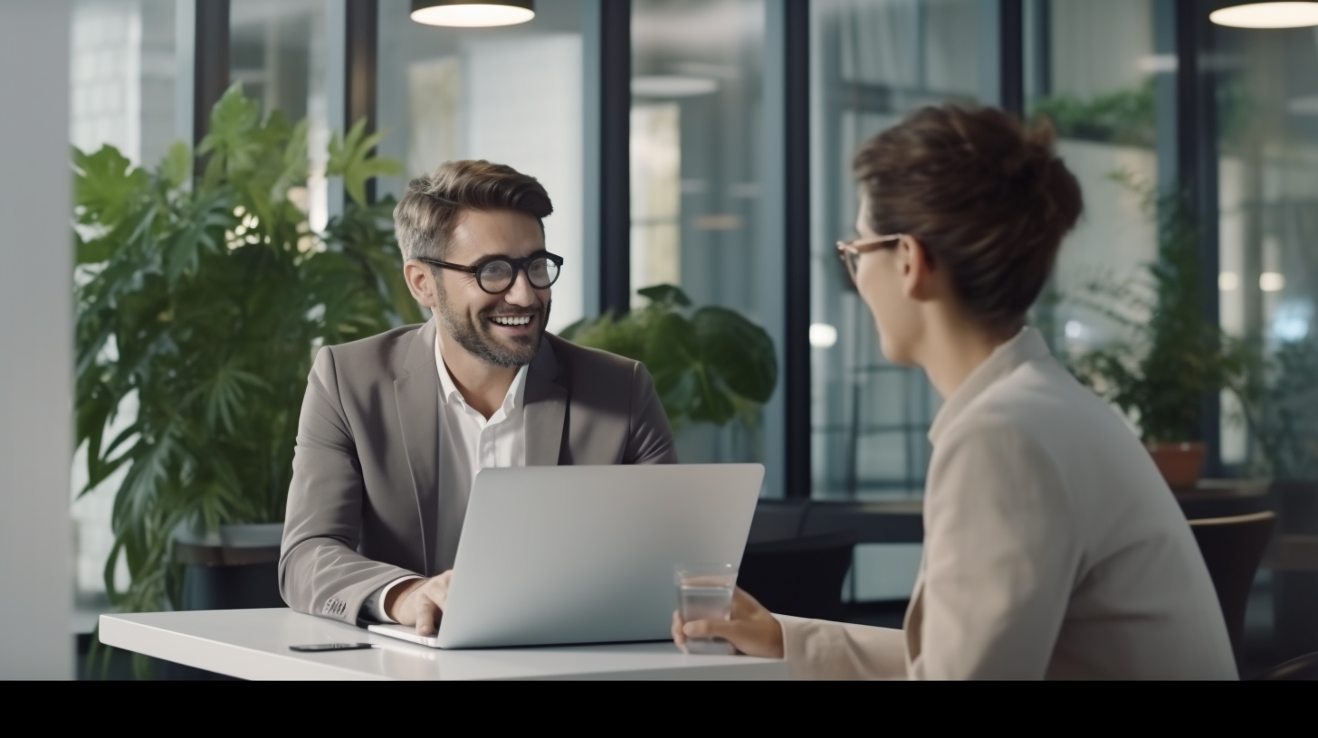 Engineer and client collaborating with laptop and smiling