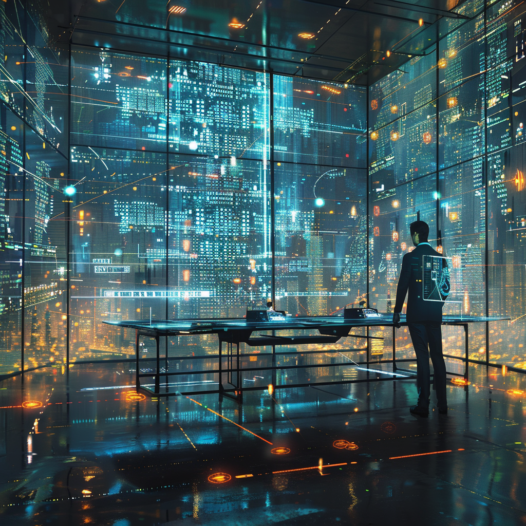 Engineer in holographic code-filled office