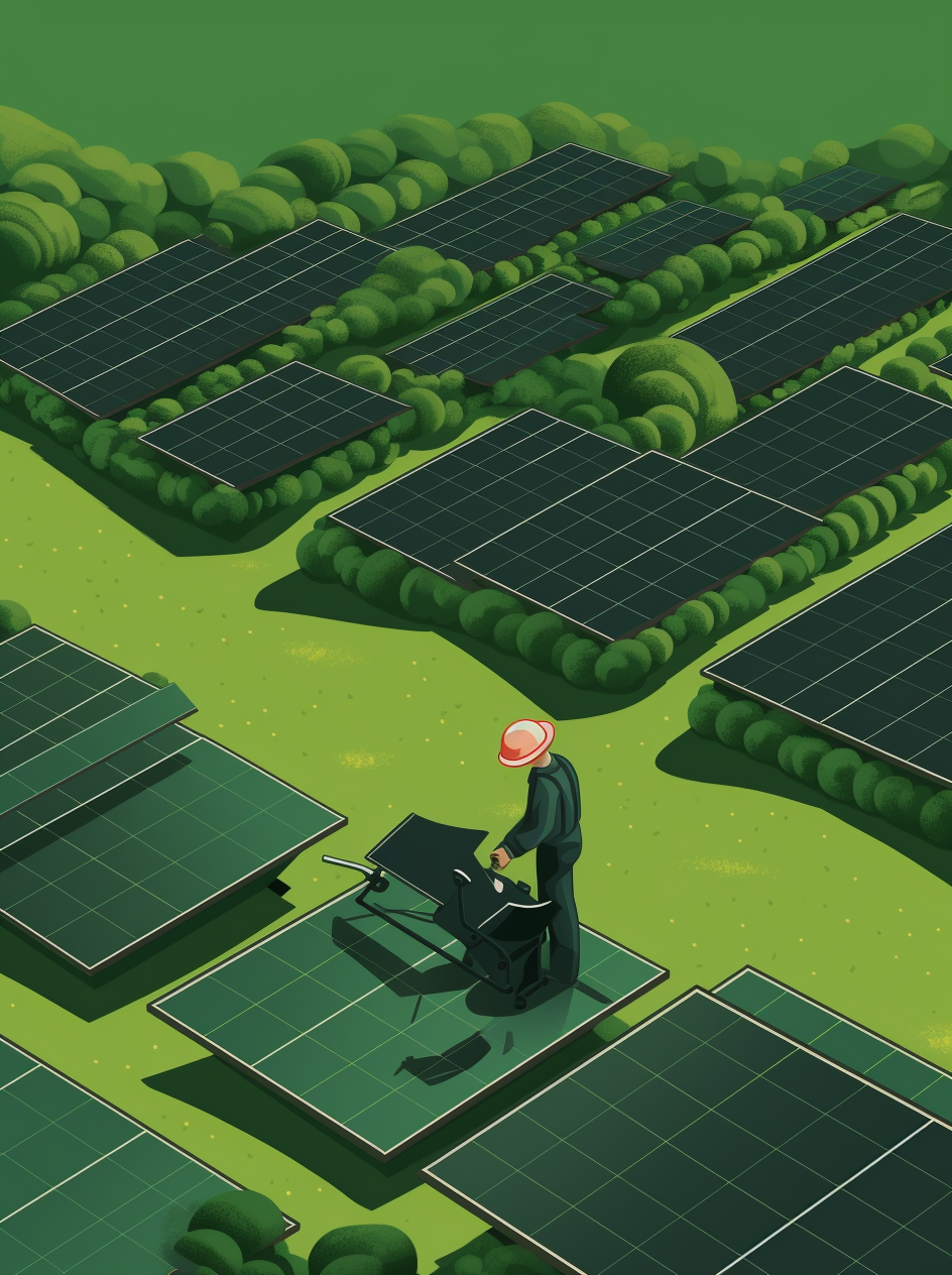 Engineer installing solar system on green field