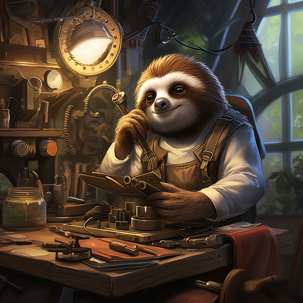 Engineer sloth in tree workshop