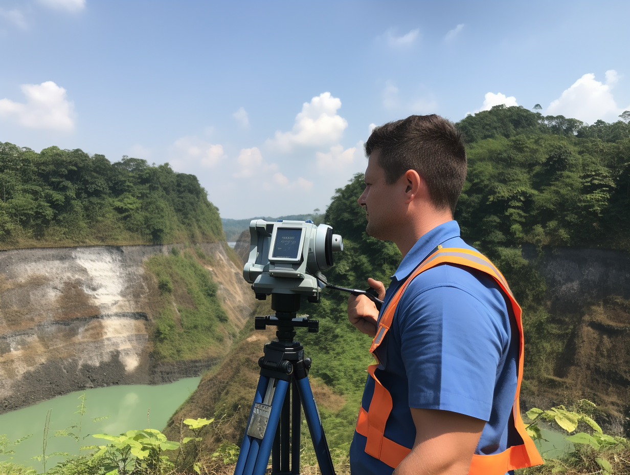 Engineer conducting geological survey in Asia with blue top