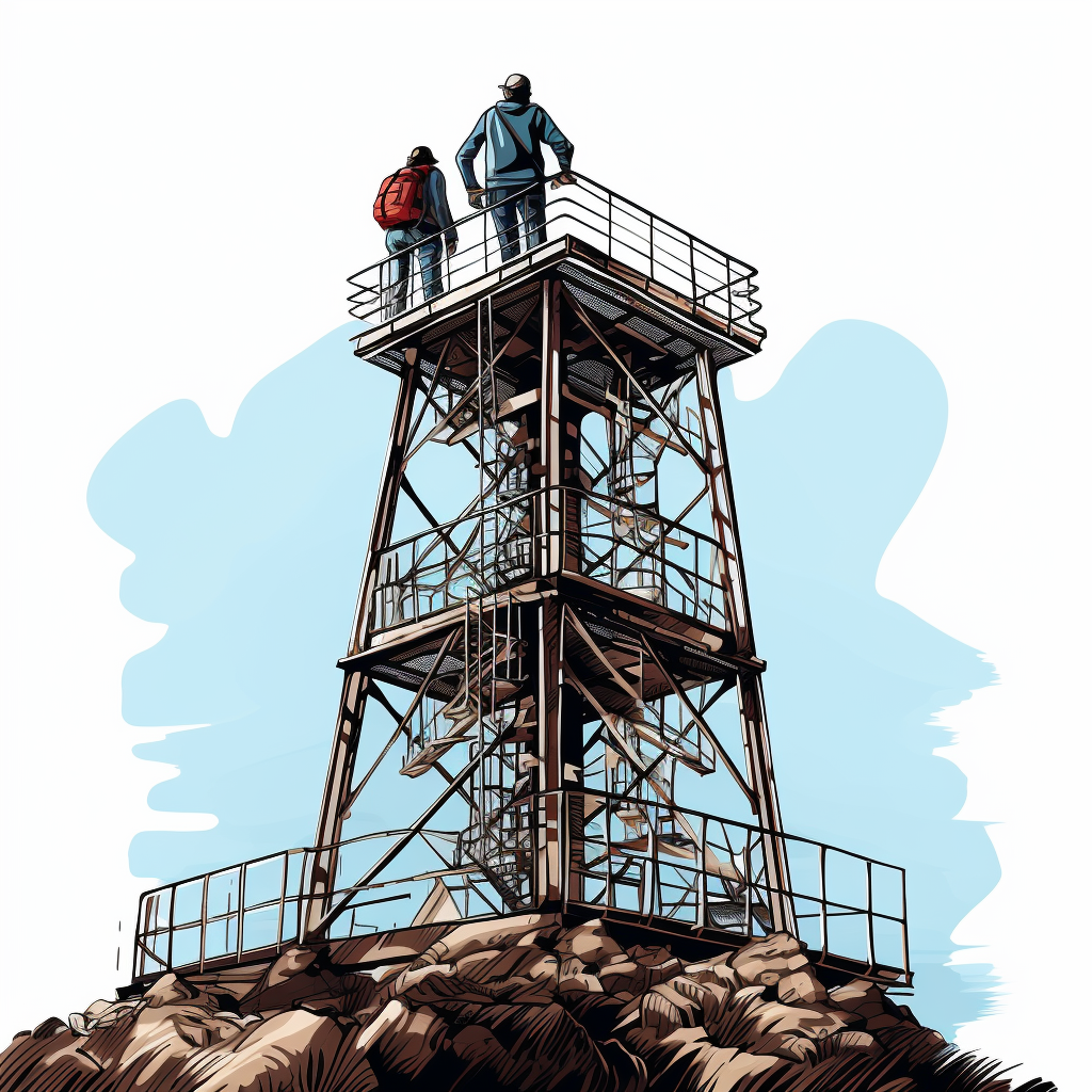 Engineer on Steel Tower Using Binoculars