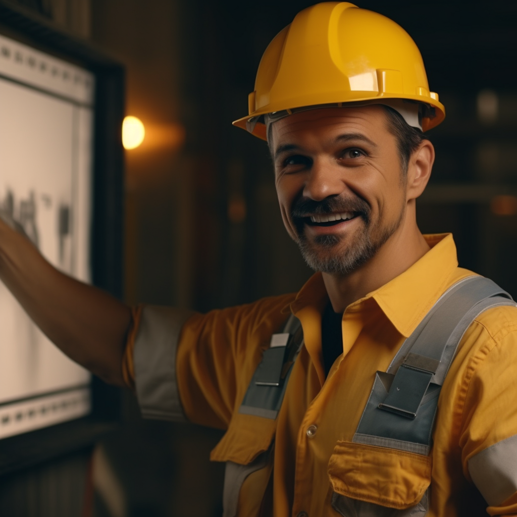 Smiling engineer in yellow helmet with white shirt