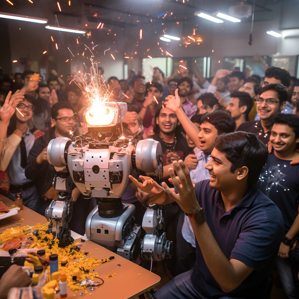 Students celebrating Diwali with robots' assistance