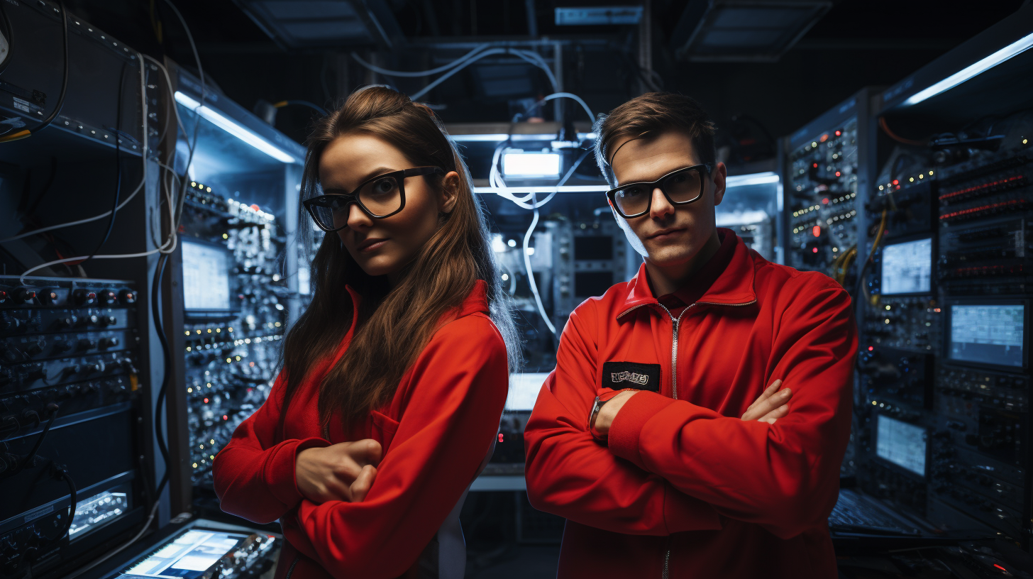 Stylish gen-z engineering students posing in computing laboratory