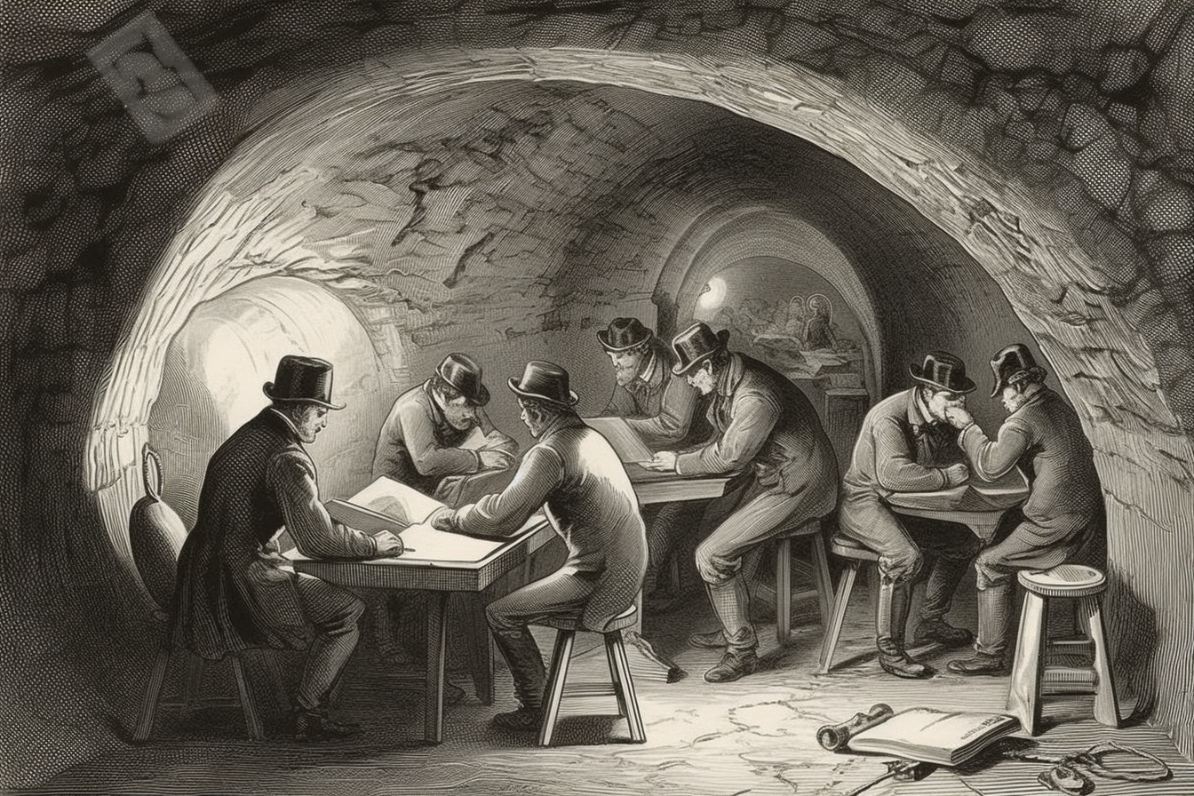 Engineers planning tunnel in 1800 vintage image