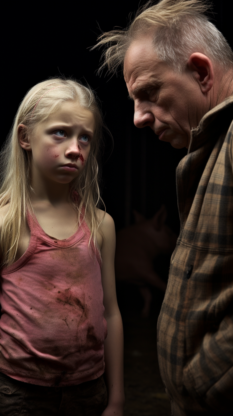 Blonde girl being scolded by farmer