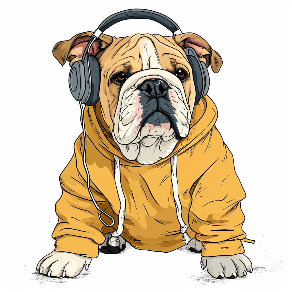 English Bulldog Wearing Sweatshirt and Headphones