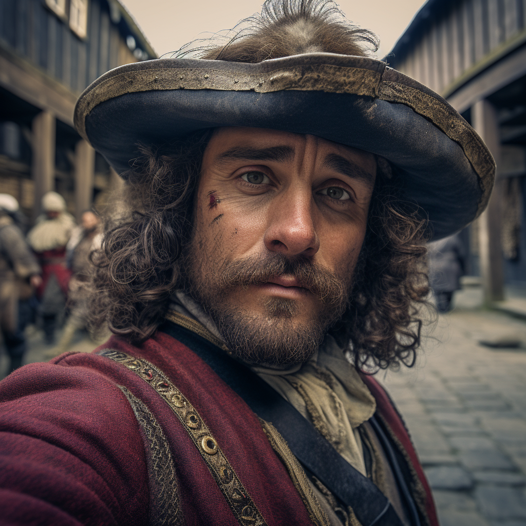 Soldier from the English Civil War posing for a selfie