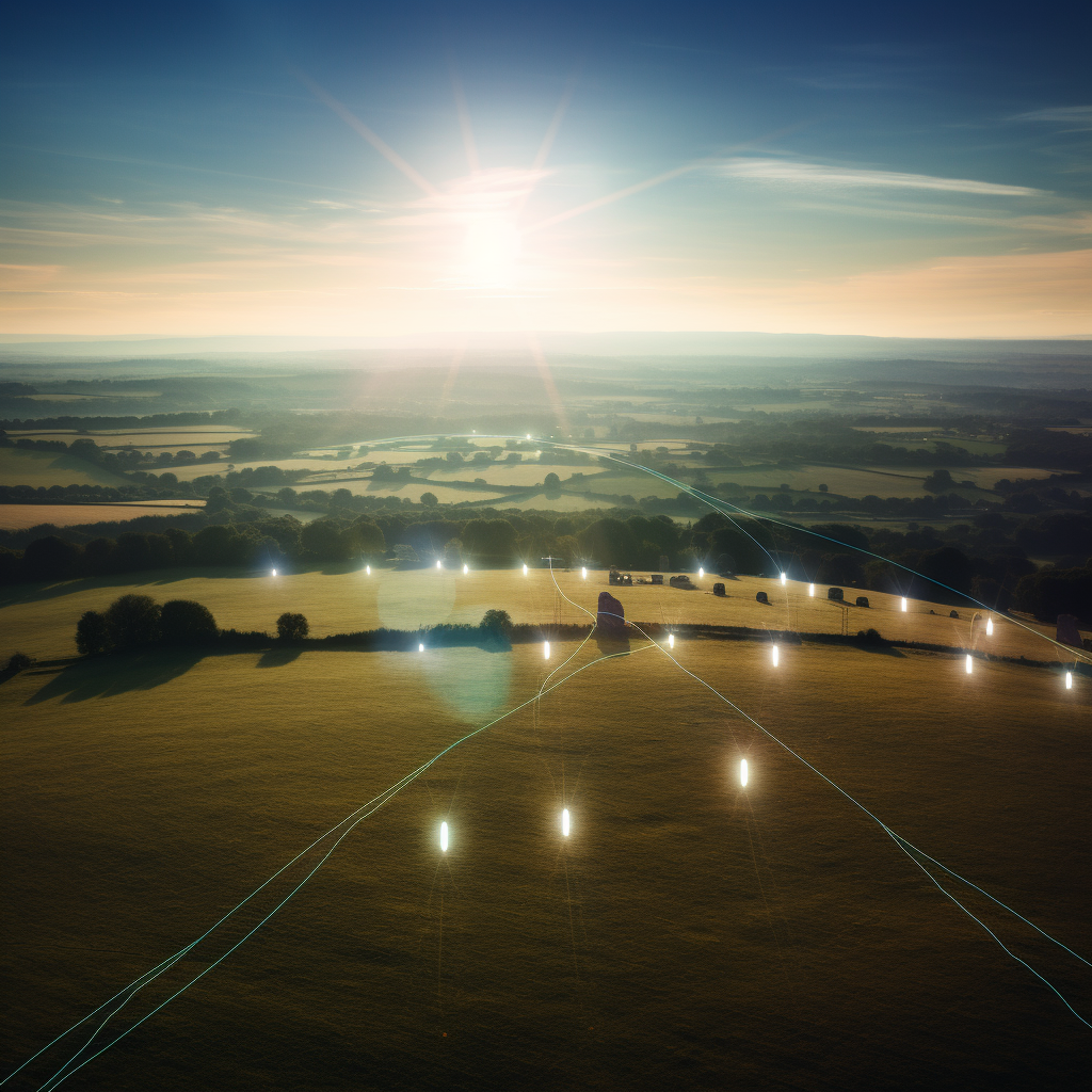 Aerial view of light network in English countryside