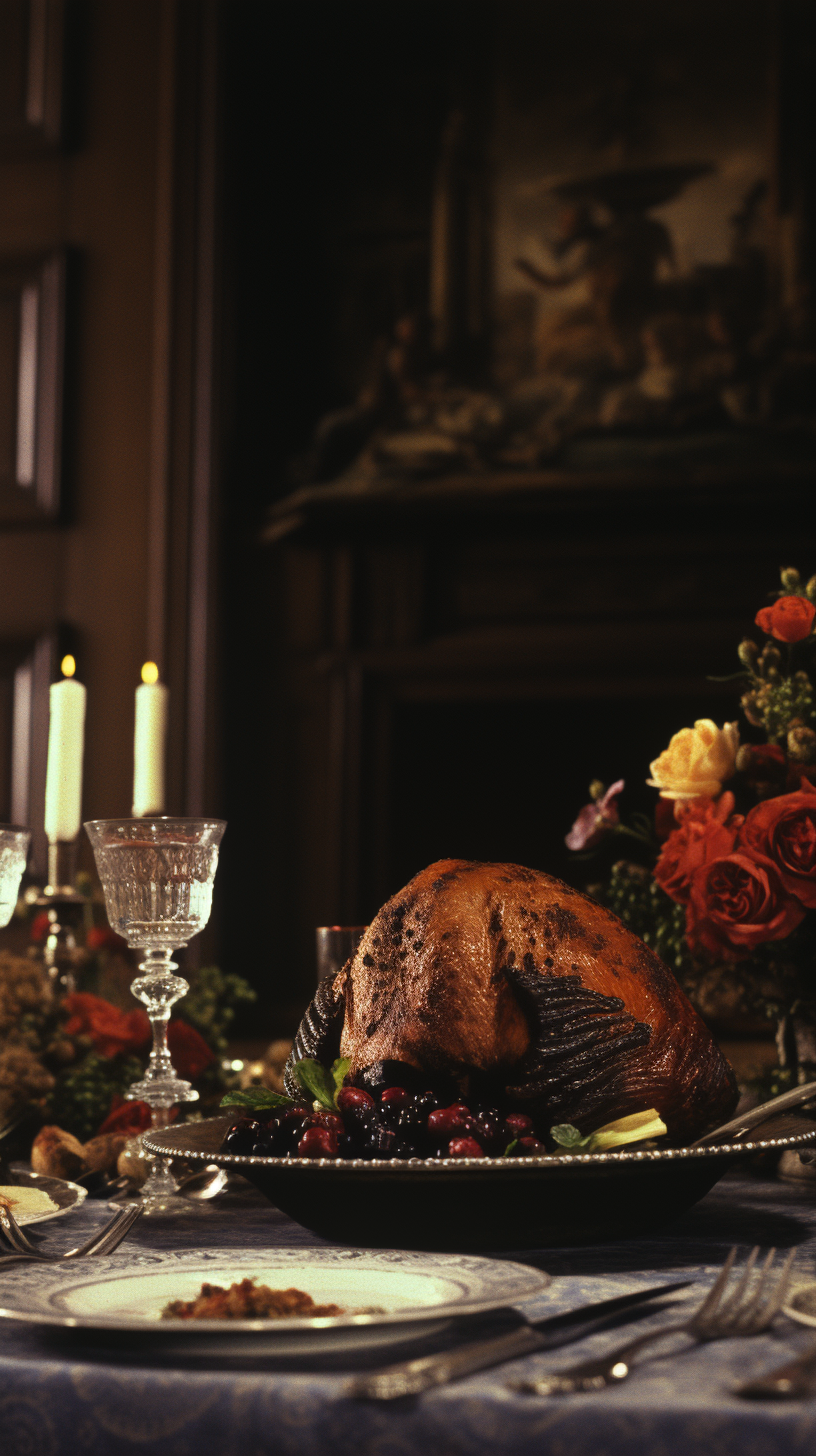 Turkey and Flowers on English Gentry Dinner Table