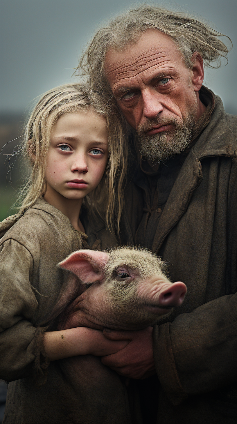 10-year-old English girl with green eyes at a pig farm