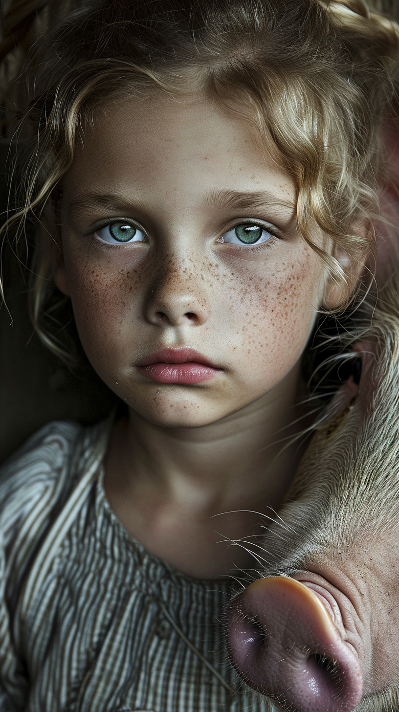 English girl with green eyes being scolded on pig farm