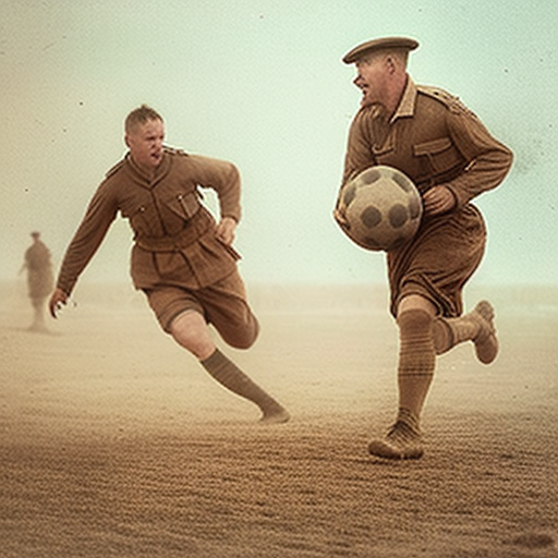 English soldiers playing soccer during World War