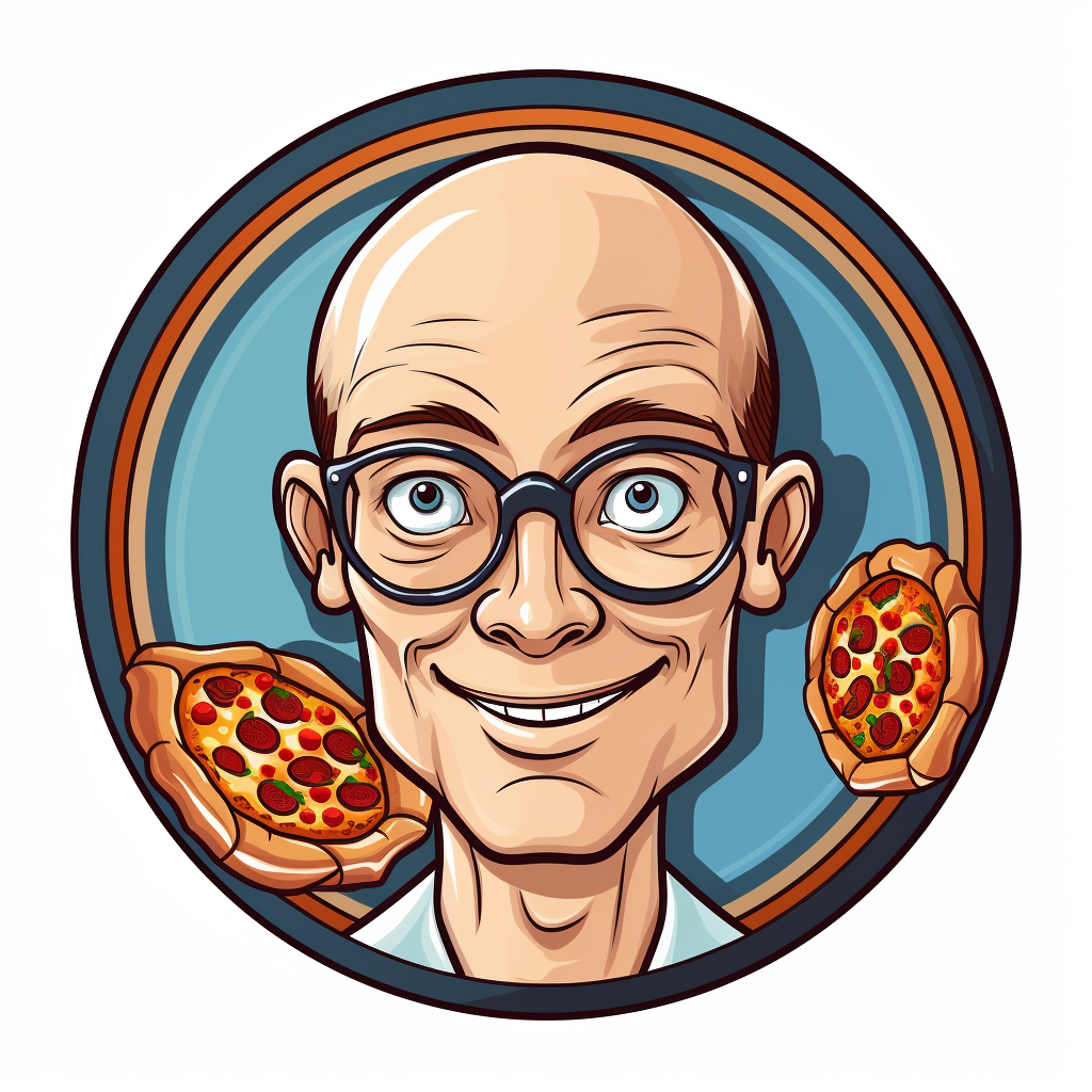 Young English man with glasses and award-winning pizza logo