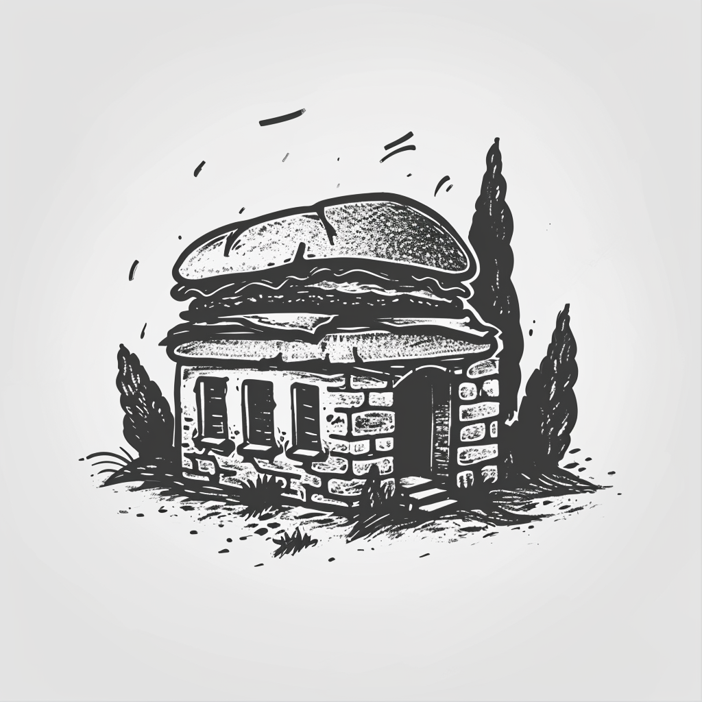 Engraving-style black and white logo with stone building and sandwich