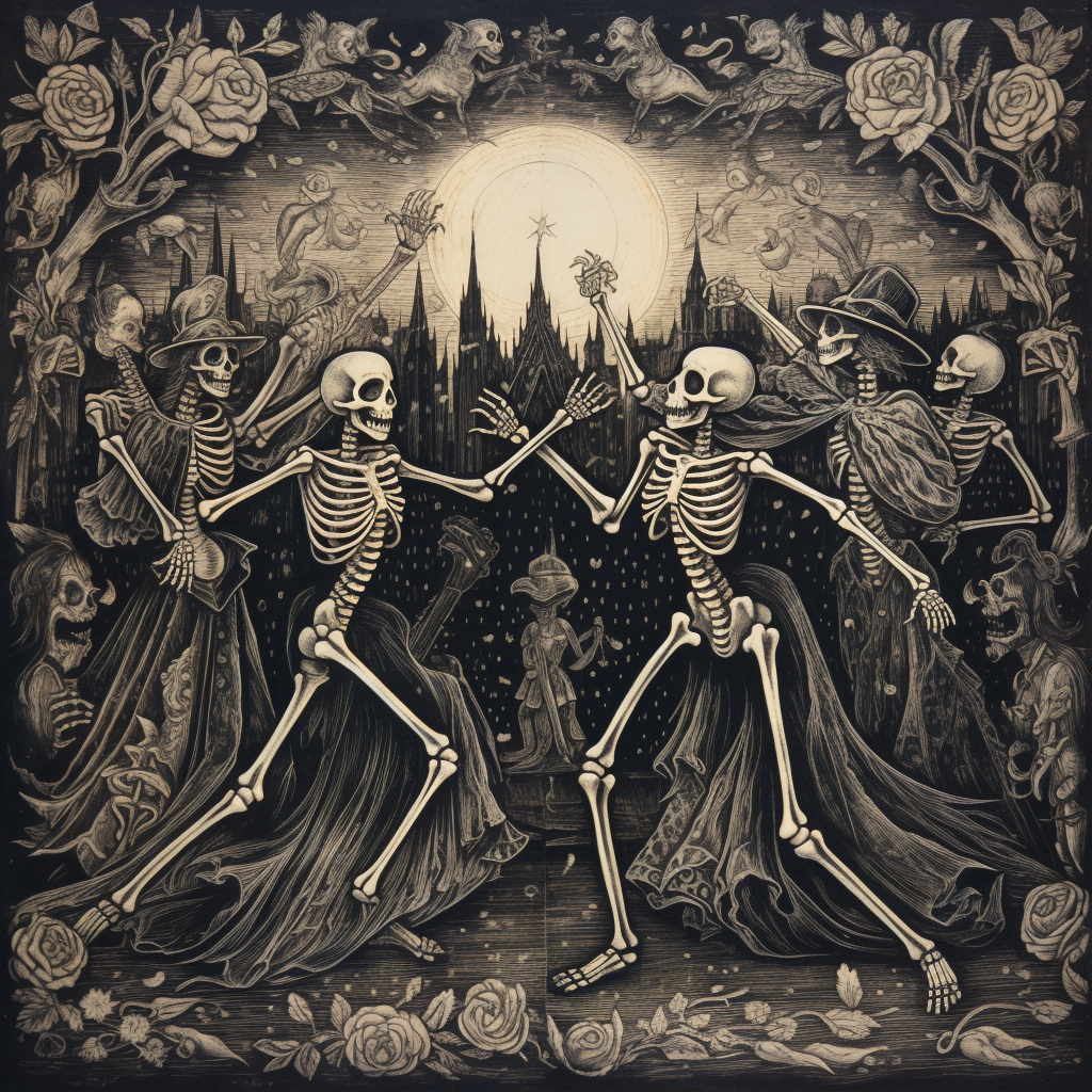 Engraving style witches dancing with skeletons