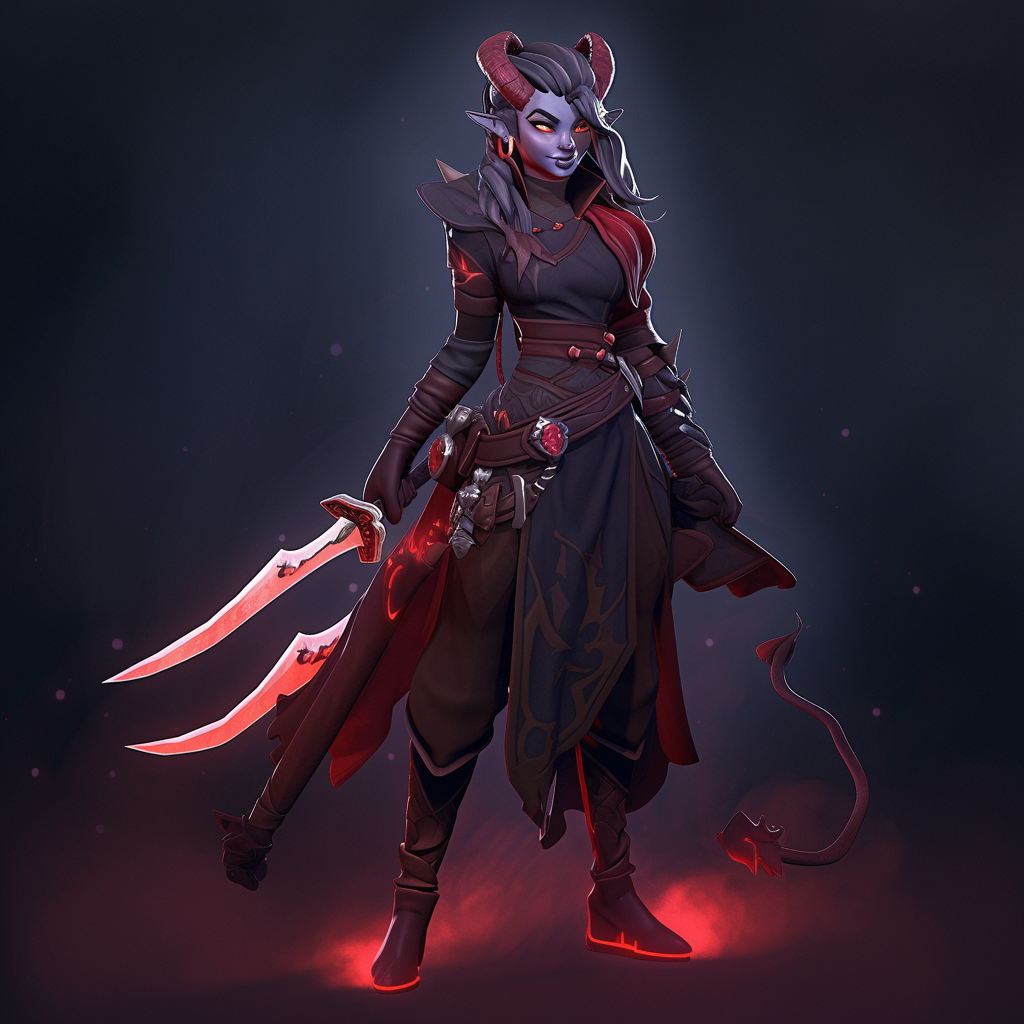 Enhanced Tiefling Rogue Champion with Magic Dagger