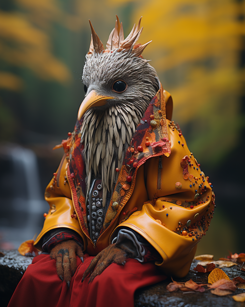 Psychedelic bird creature wearing hoodie in forest clearing