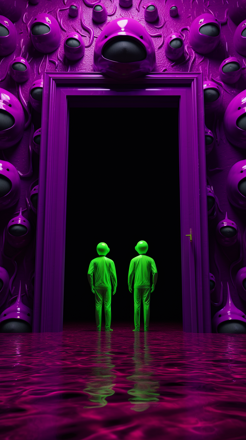 Two mysterious purple aliens against vibrant green backdrop