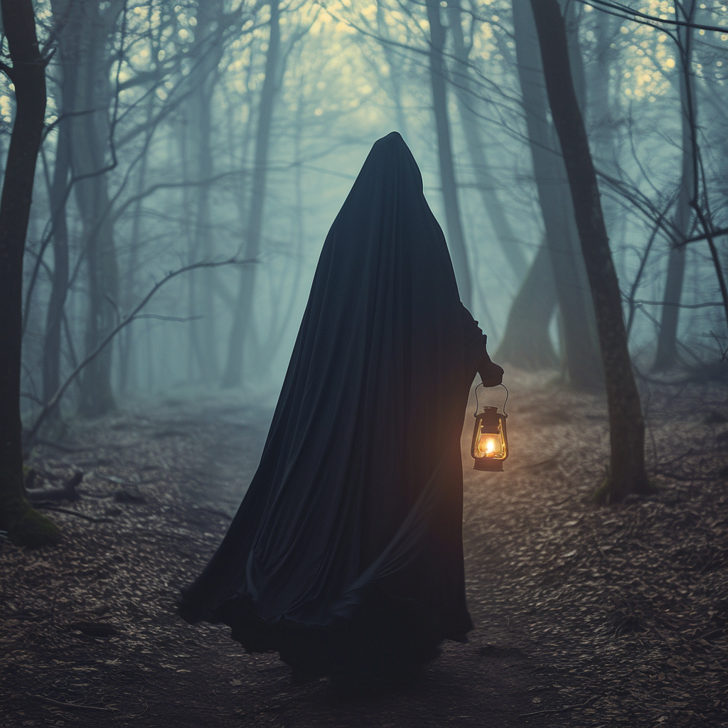 Enigmatic woman in black cloak with lantern glow