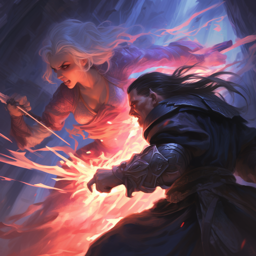 Enraged warrior attacking sorcerer in dungeon artwork