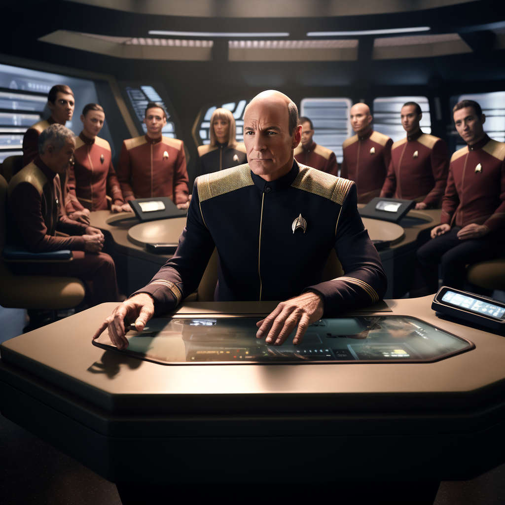 Enterprise D crew with Captain Picard in uniform