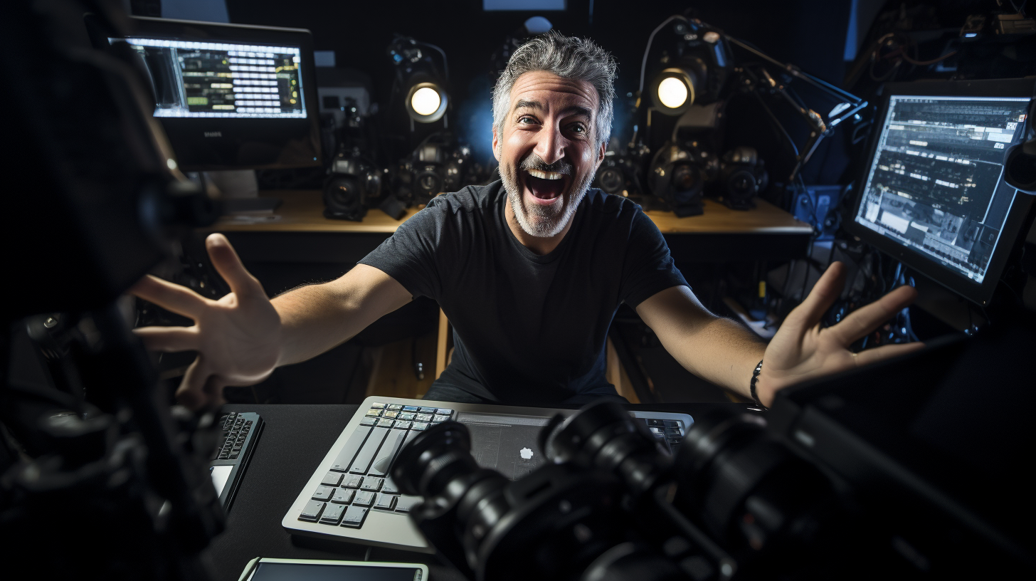 Enthusiastic middle-aged video creator in home studio