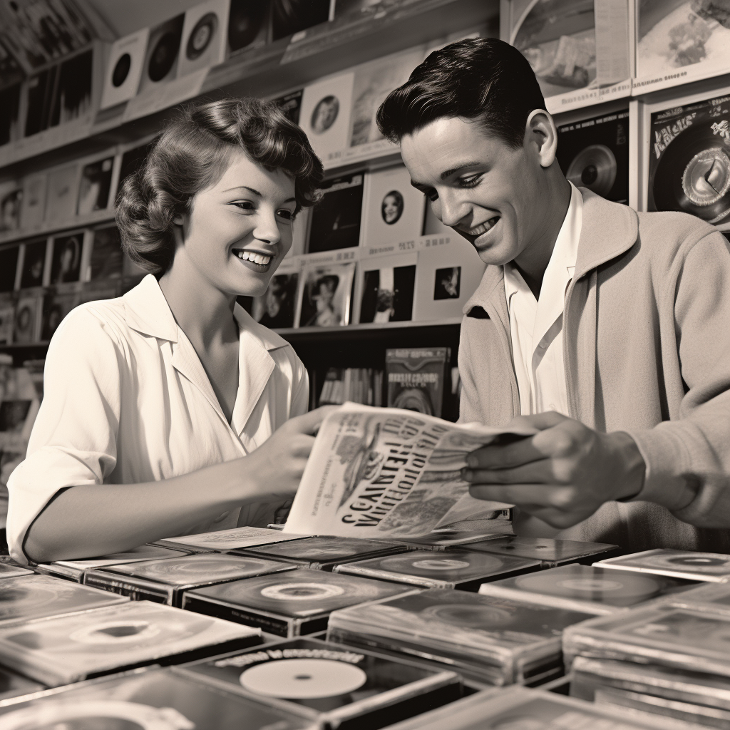 Woman enthusiastically recommending a vinyl