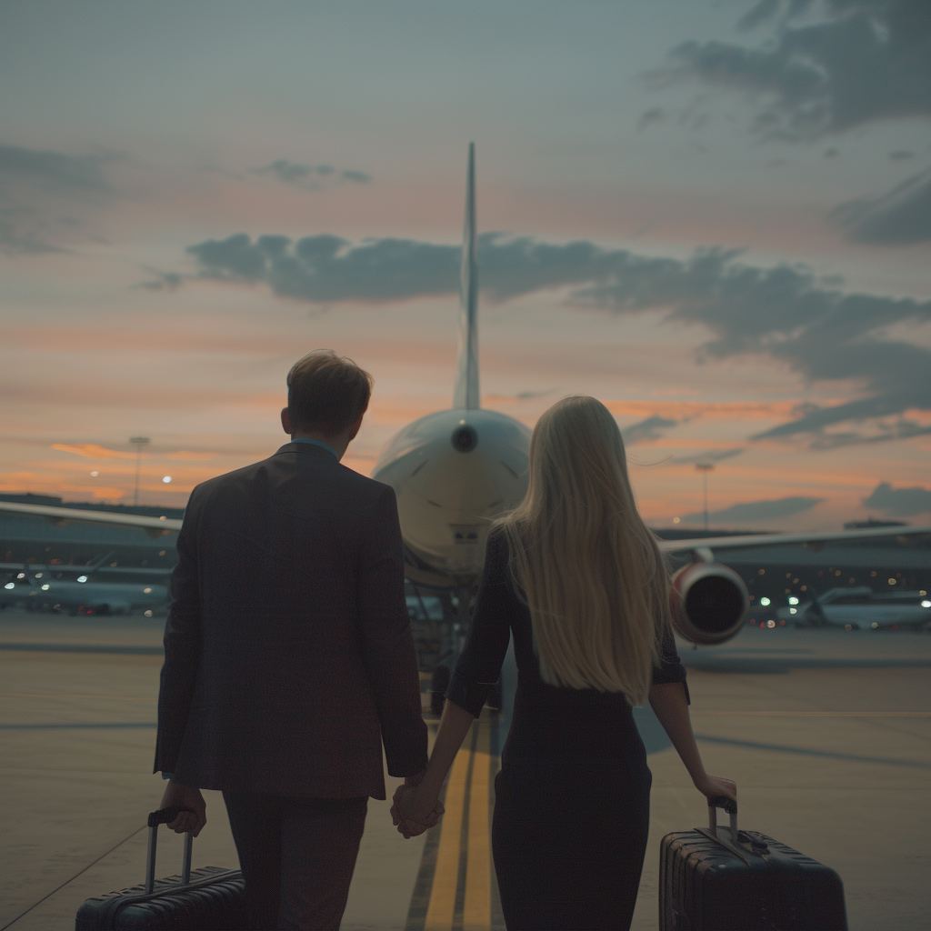 Entrepreneur Man and Blonde Girl with Suitcases on Plane