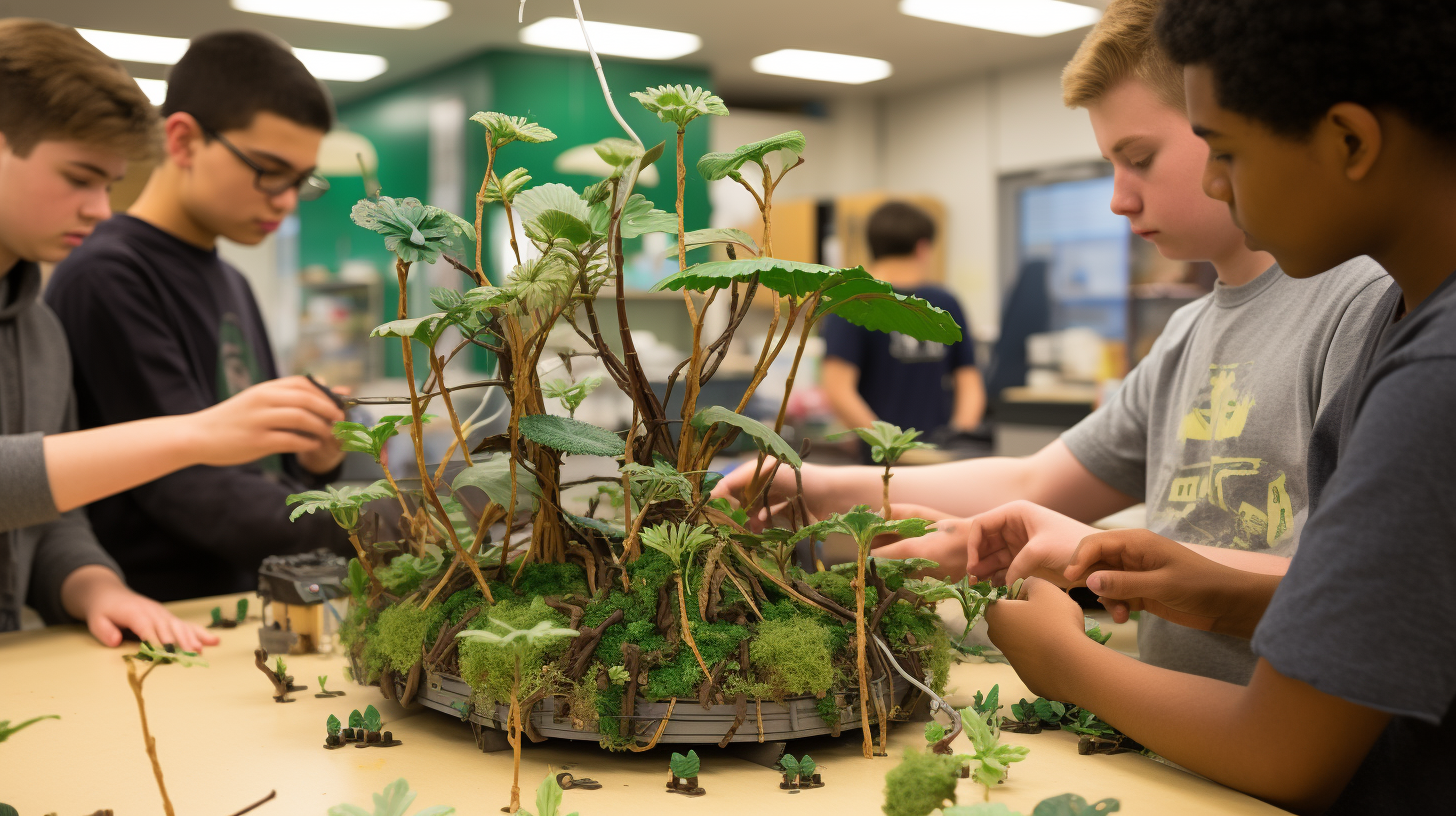 Students constructing eolic plant model