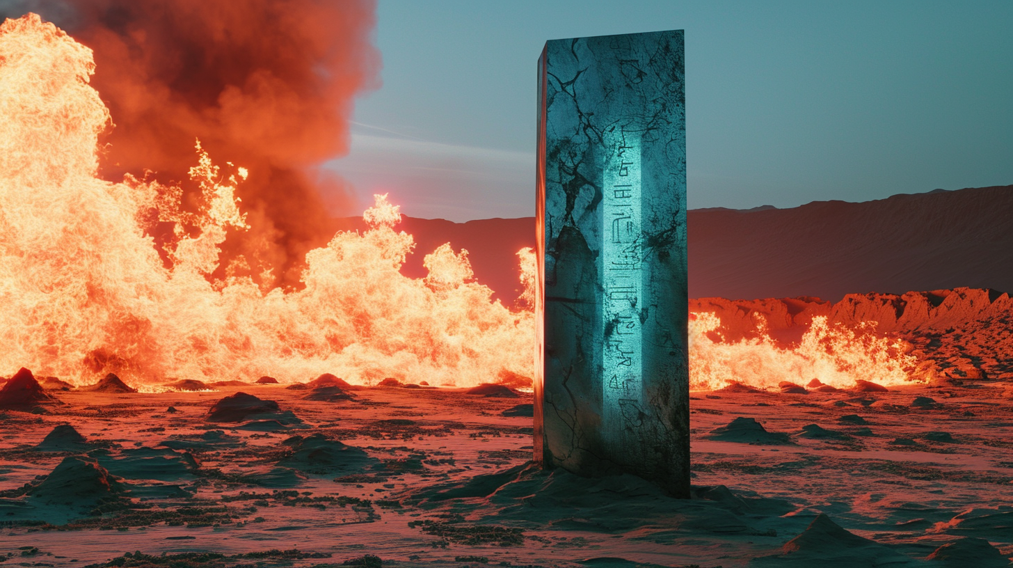 Cyan monolith in desert with glowing inscriptions