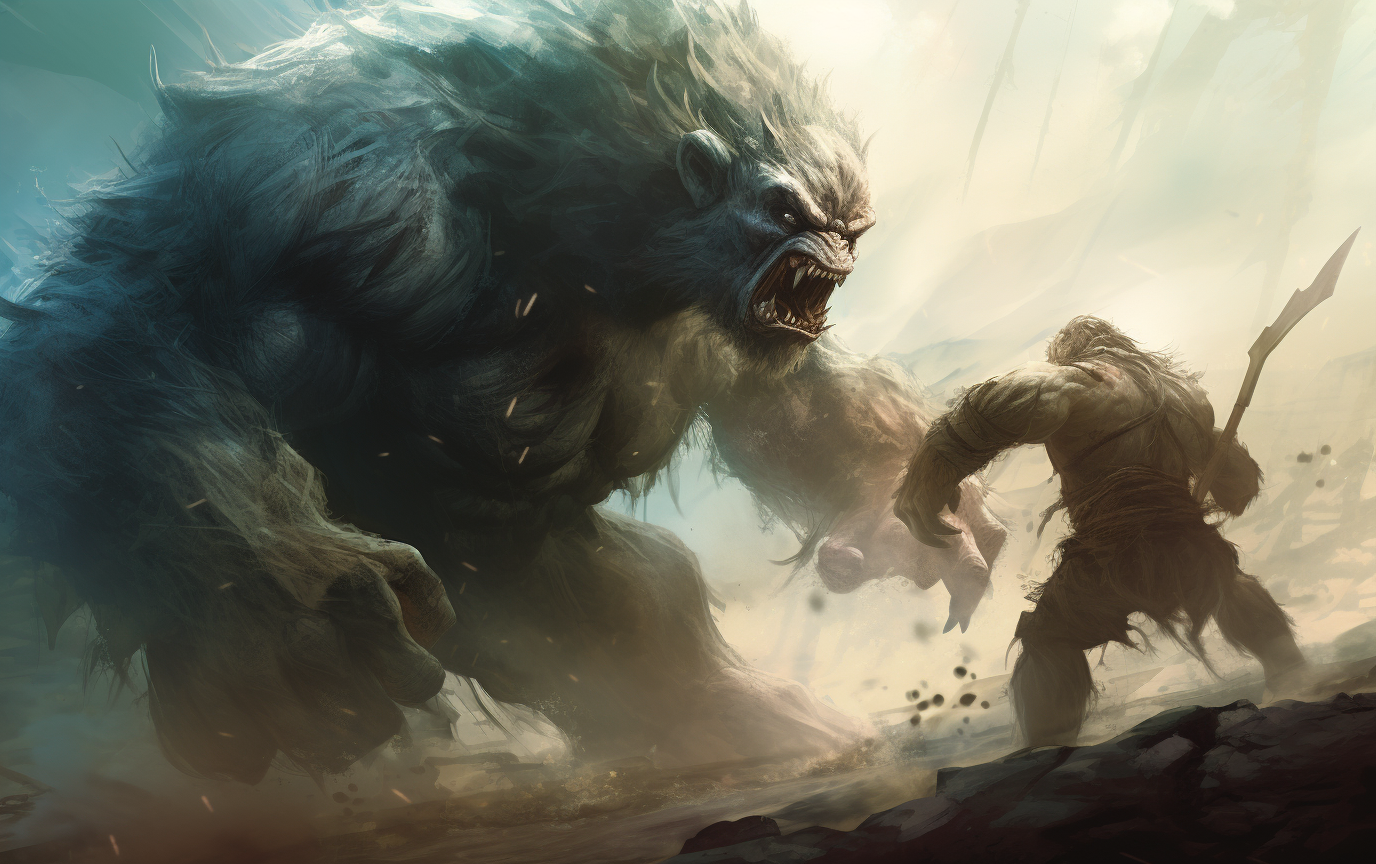 Epic fantasy battle with huge beast