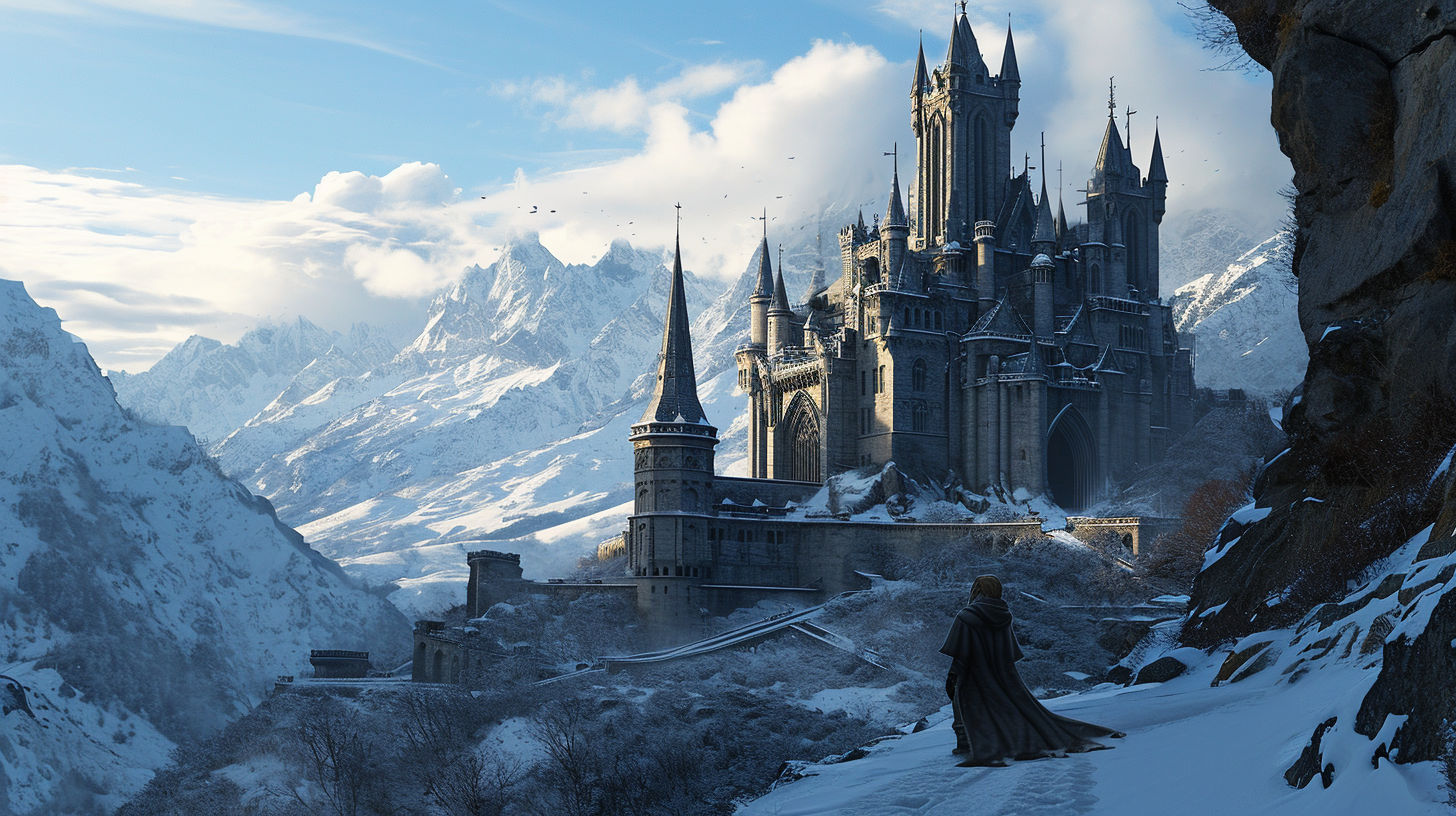 Snowy epic fantasy castle in mountains