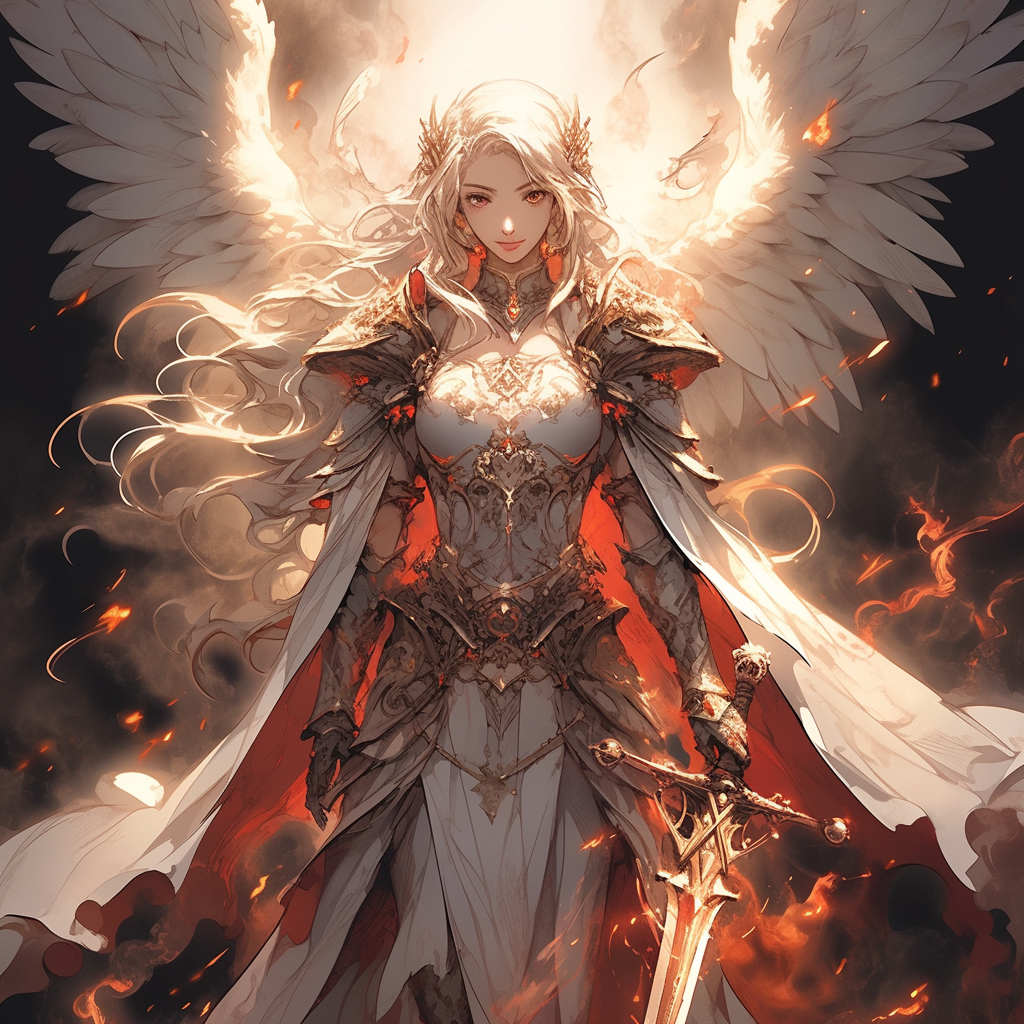 Female angel with flame wings and sword