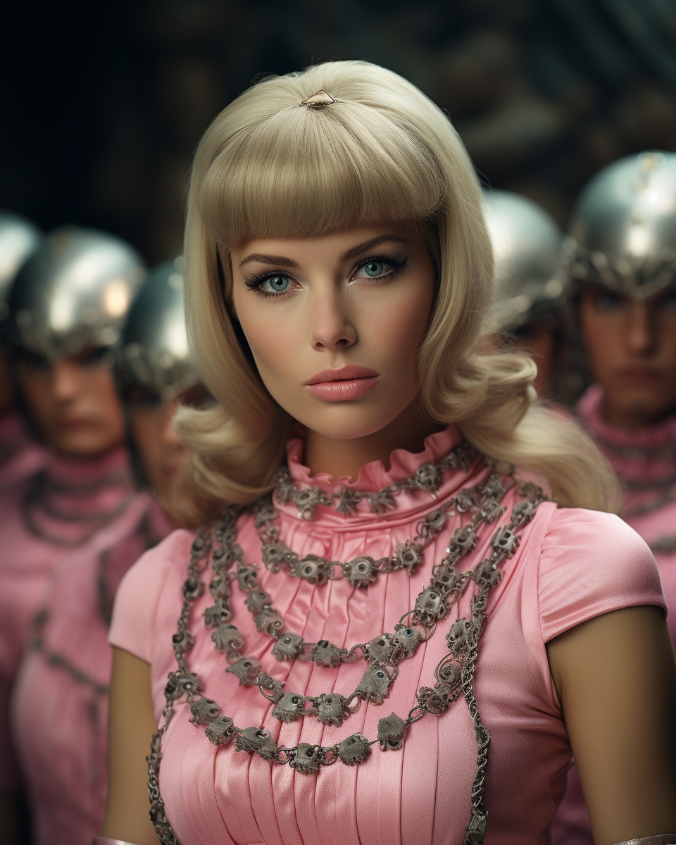 Woman in pink dress surrounded by soldiers in an epic space travel scene