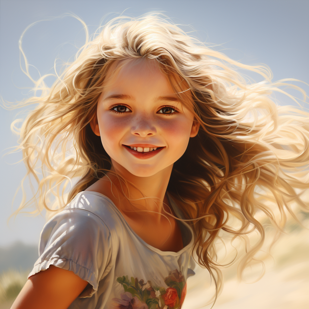 Photorealistic image of a joyful young girl mischief