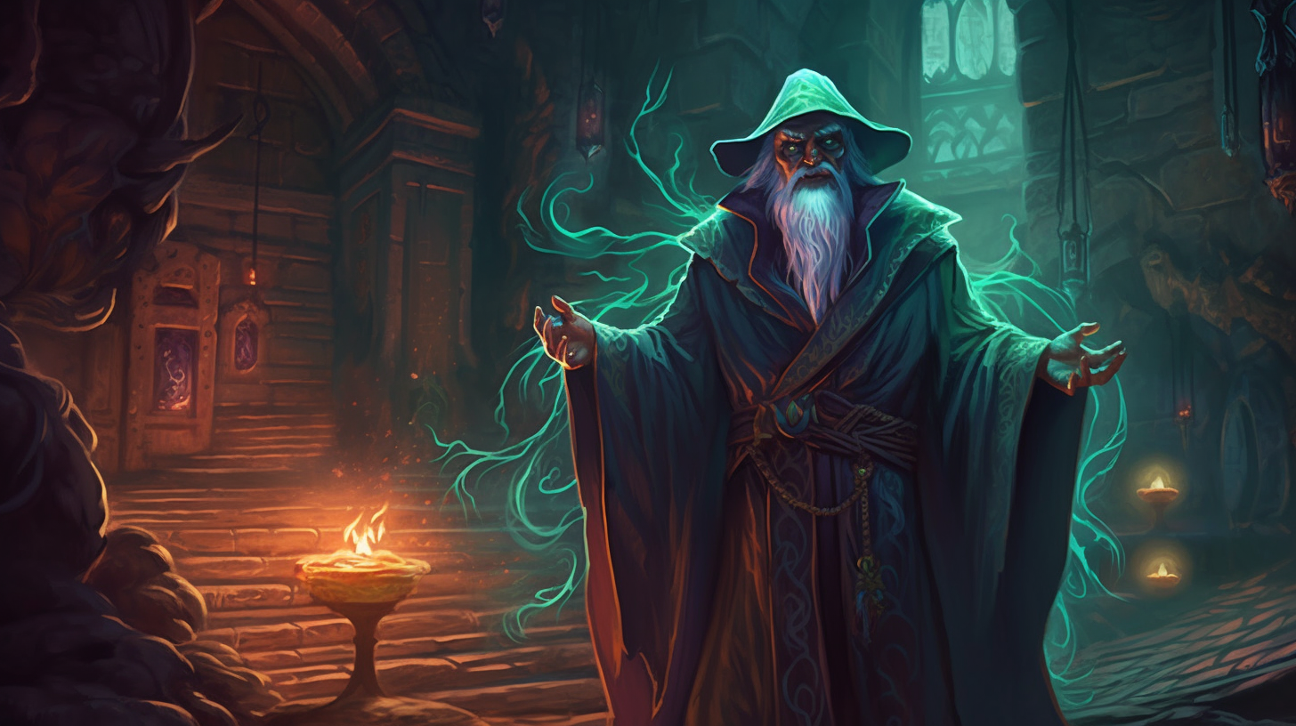 Epic D&D illustration with vibrant colors and eldritch wizard