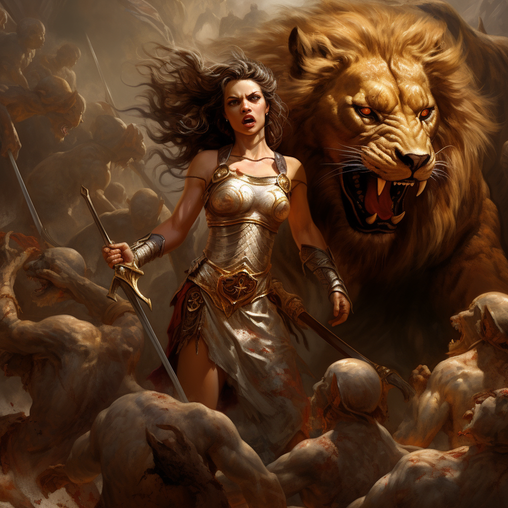 Brave woman with dead lion and cheering crowd