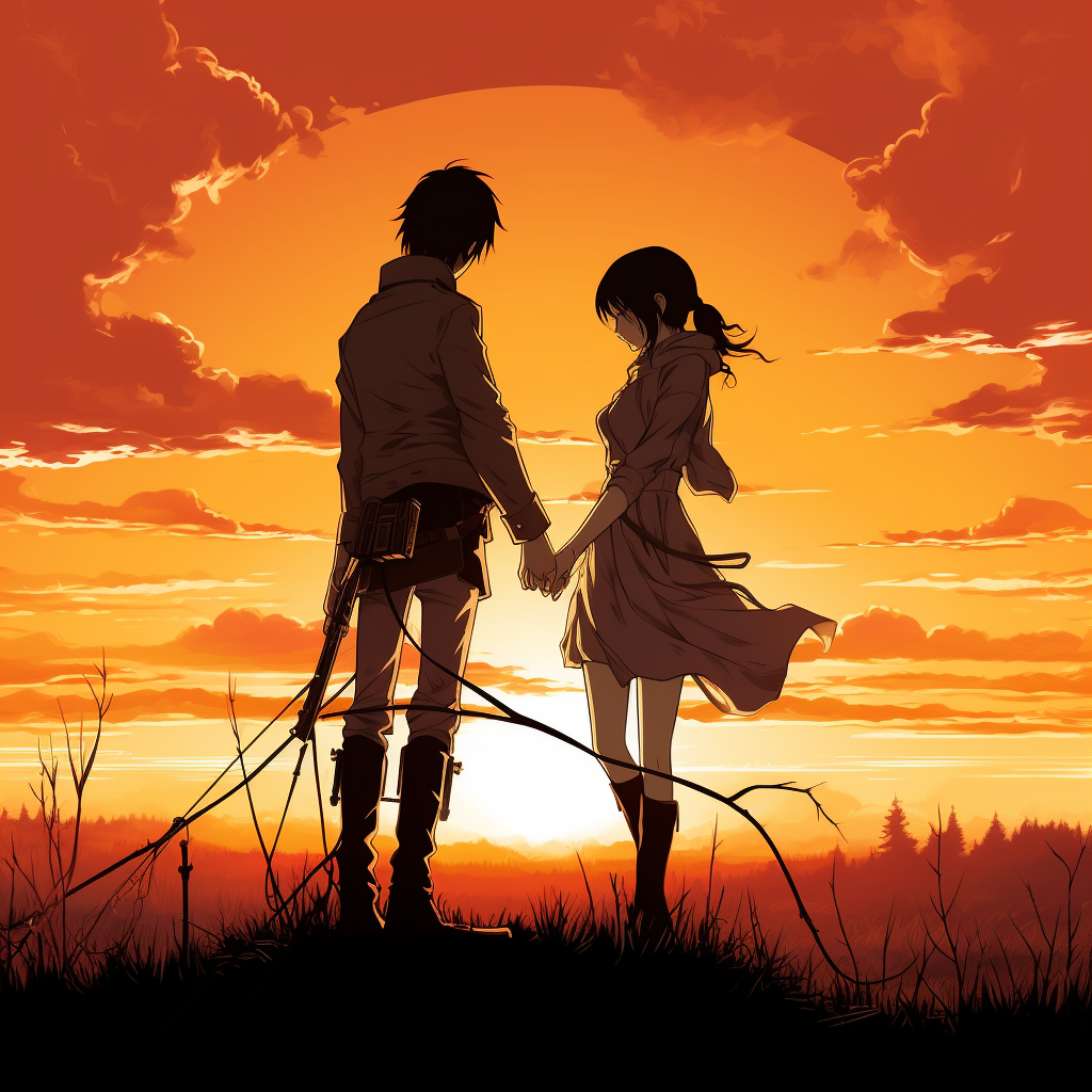 Eren and Mikasa holding hands at sunset