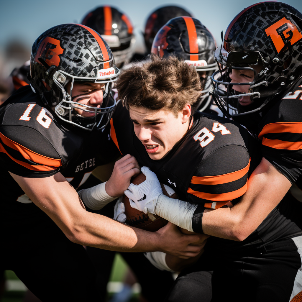 Erie High School Tigers Football Team Playing Against Holy Family High School with 2 Players Fighting