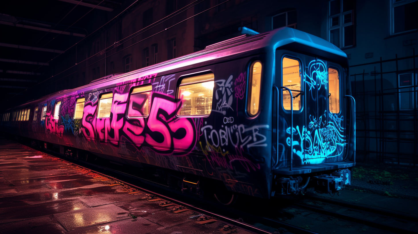 Neon cyberpunk graffiti on train carriage