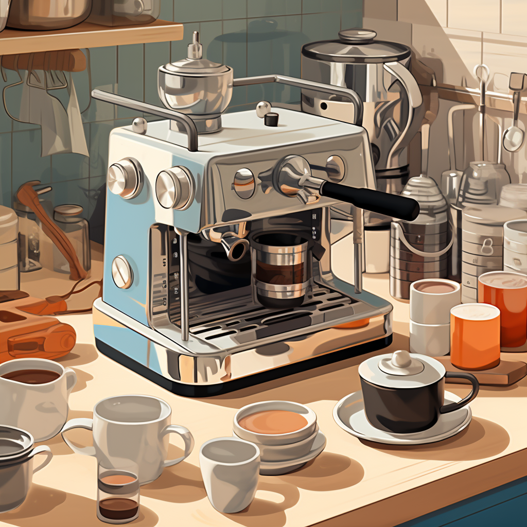 Various espresso tools and gadgets in a kitchen scene