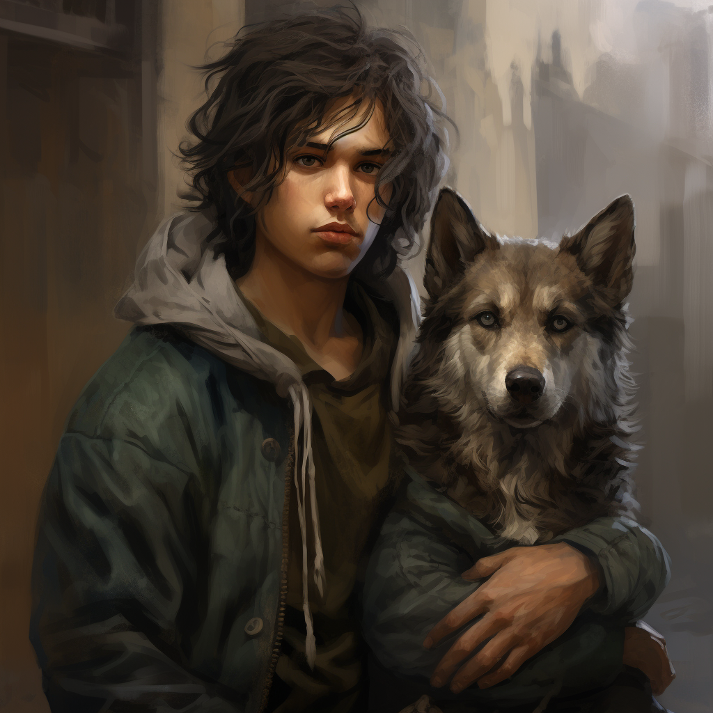 Ethan, the Teenager with his Loyal Giant Wolf