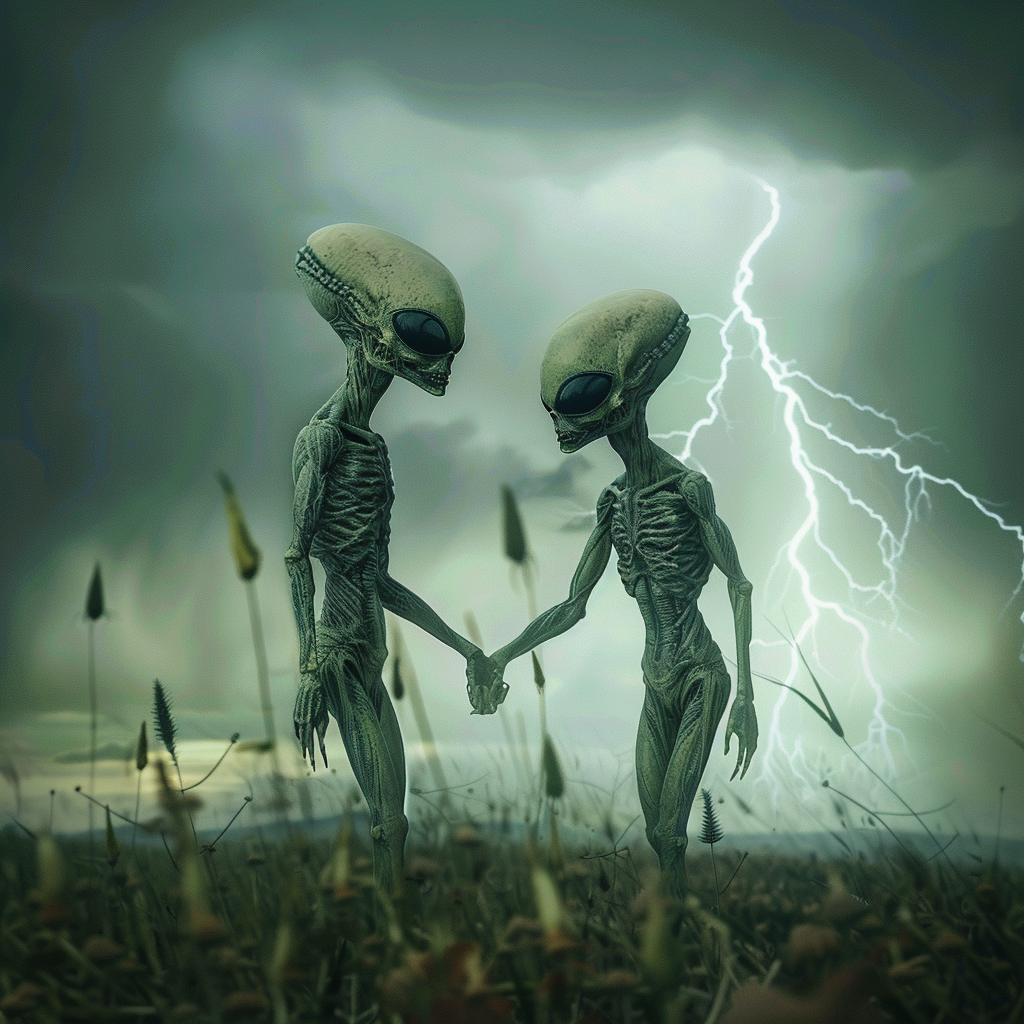 Two beautiful ethereal aliens watching storm