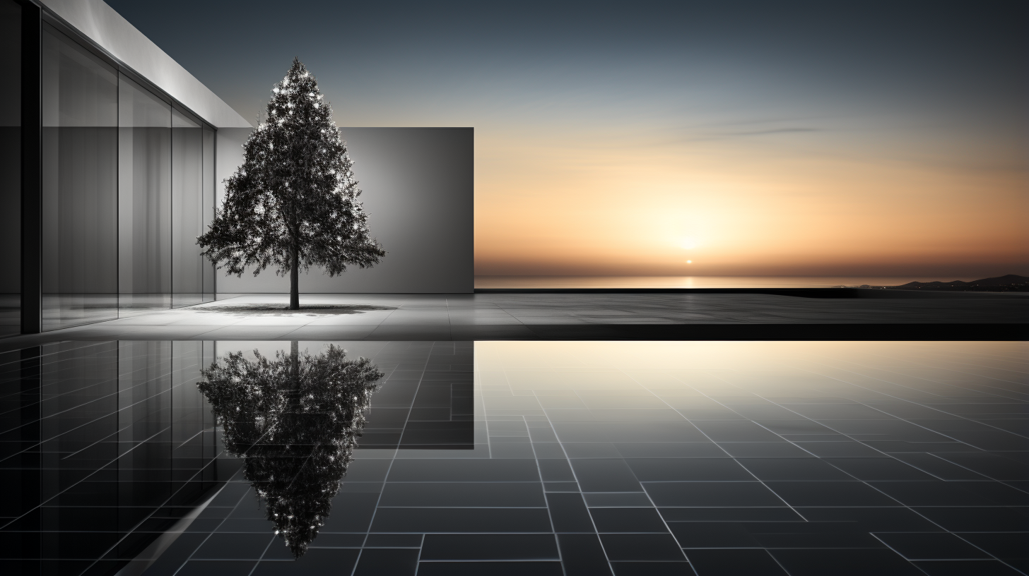 Stylish Christmas Tree by the Minimalist Swimming Pool