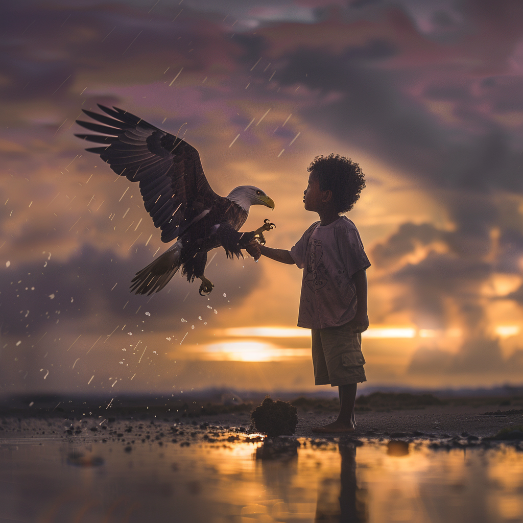 African-American child with American Bald Eagle on beach